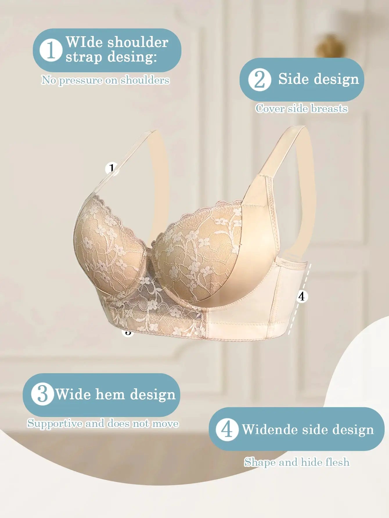 Simples Market beige lace-trimmed underwire shaping bra; side-breast-enhancing and breathable