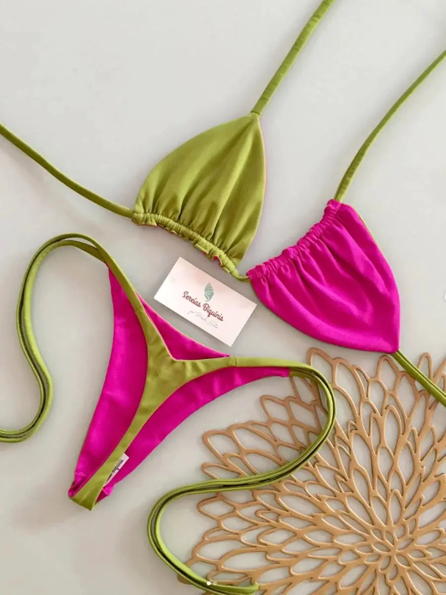 Simples Market micro bikini set in lime green and pink, halter top with thong bottoms