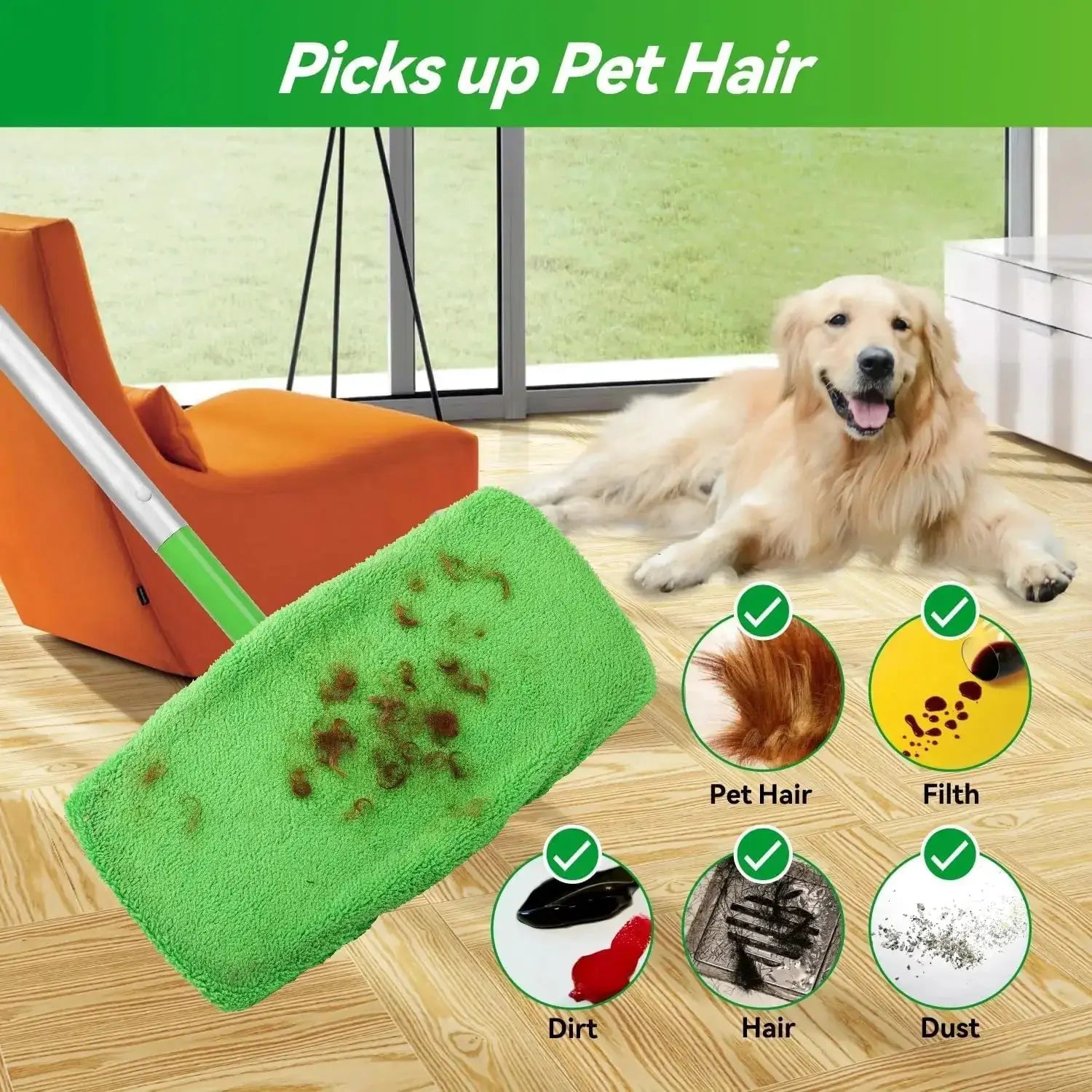 Green microfiber mop pads by Simples Market for wet and dry sweeping, reusable replacement cloths