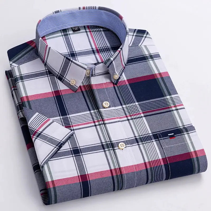 Men's plaid Oxford shirt, 100% cotton, button-down collar, beige buttons