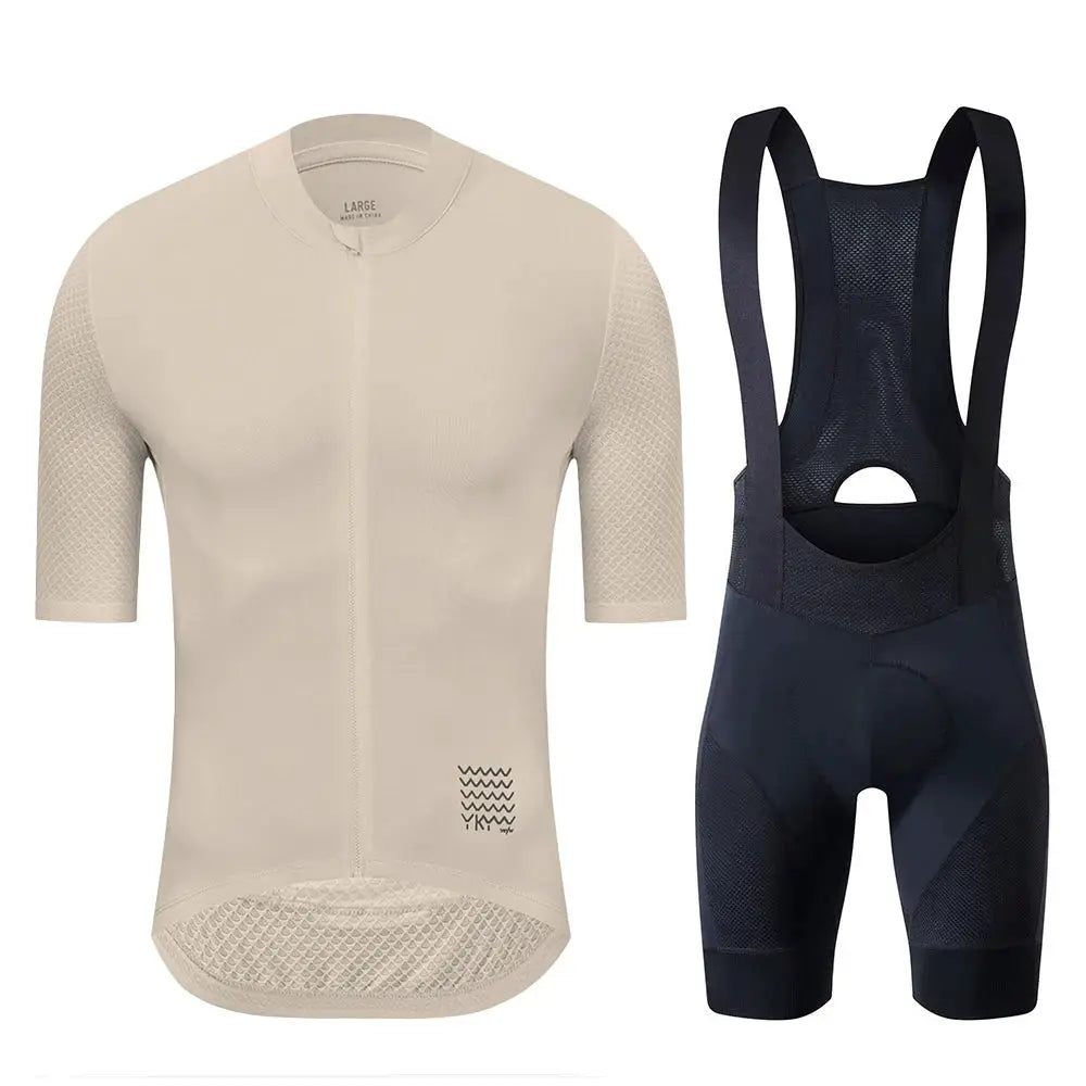 YKYWBIKE cycling jersey set: beige short-sleeve zip jersey and black MTB bib shorts