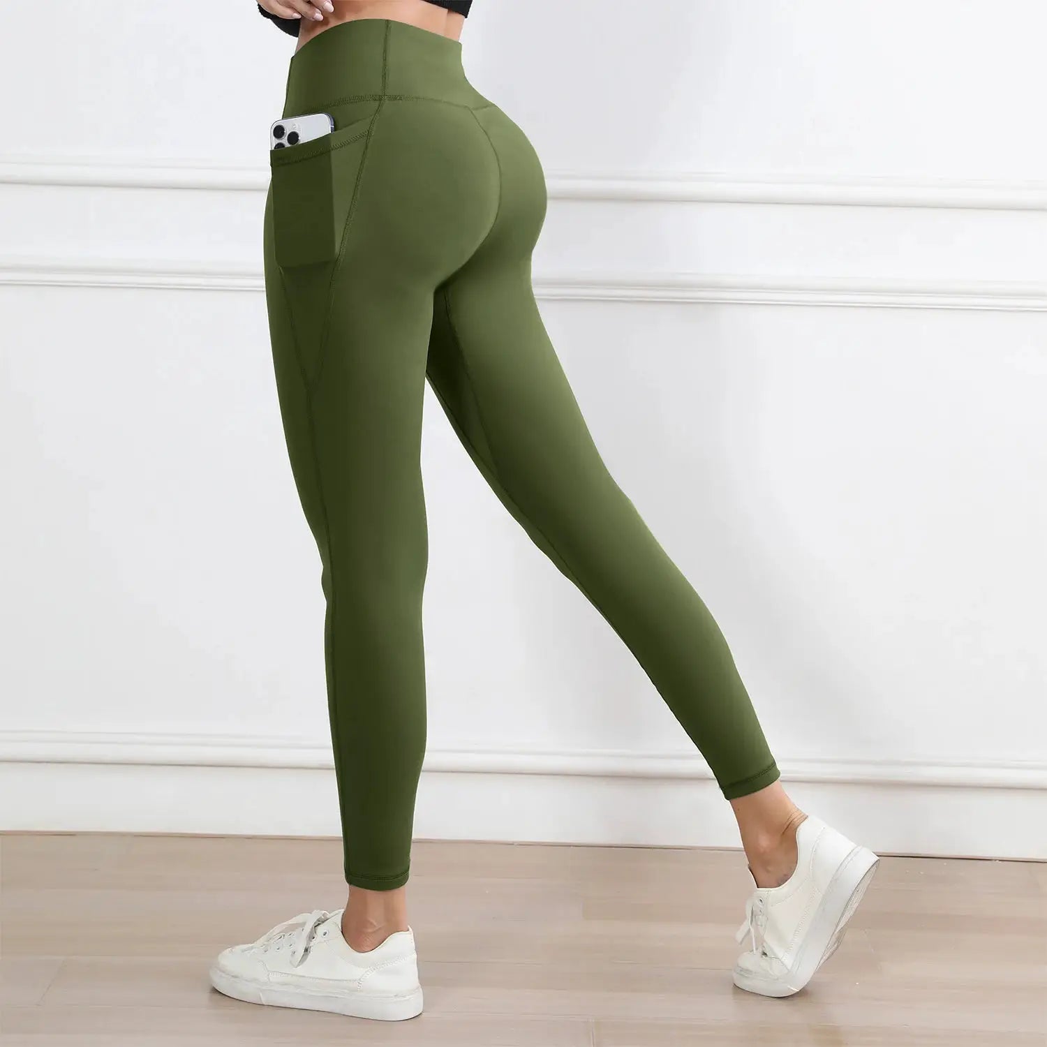 Simples Market women's olive green high-waist leggings with pockets, butt-lifting workout tights