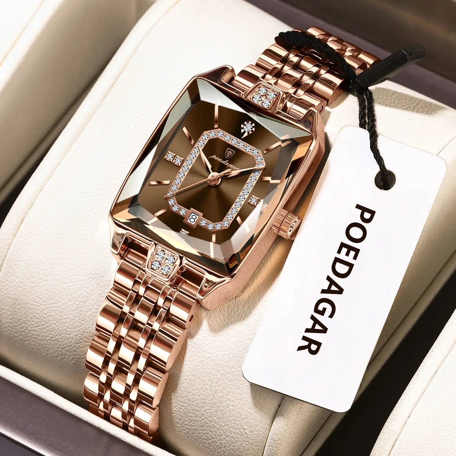 POEDAGAR luxury rose-gold women's watch with crystal bezel, date display and stainless steel bracelet