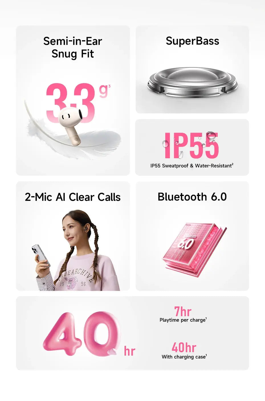 Baseus Bass BS2 Lite True Wireless Earbuds by Simples Market, 3.3g lightweight semi-in-ear with AI ENC