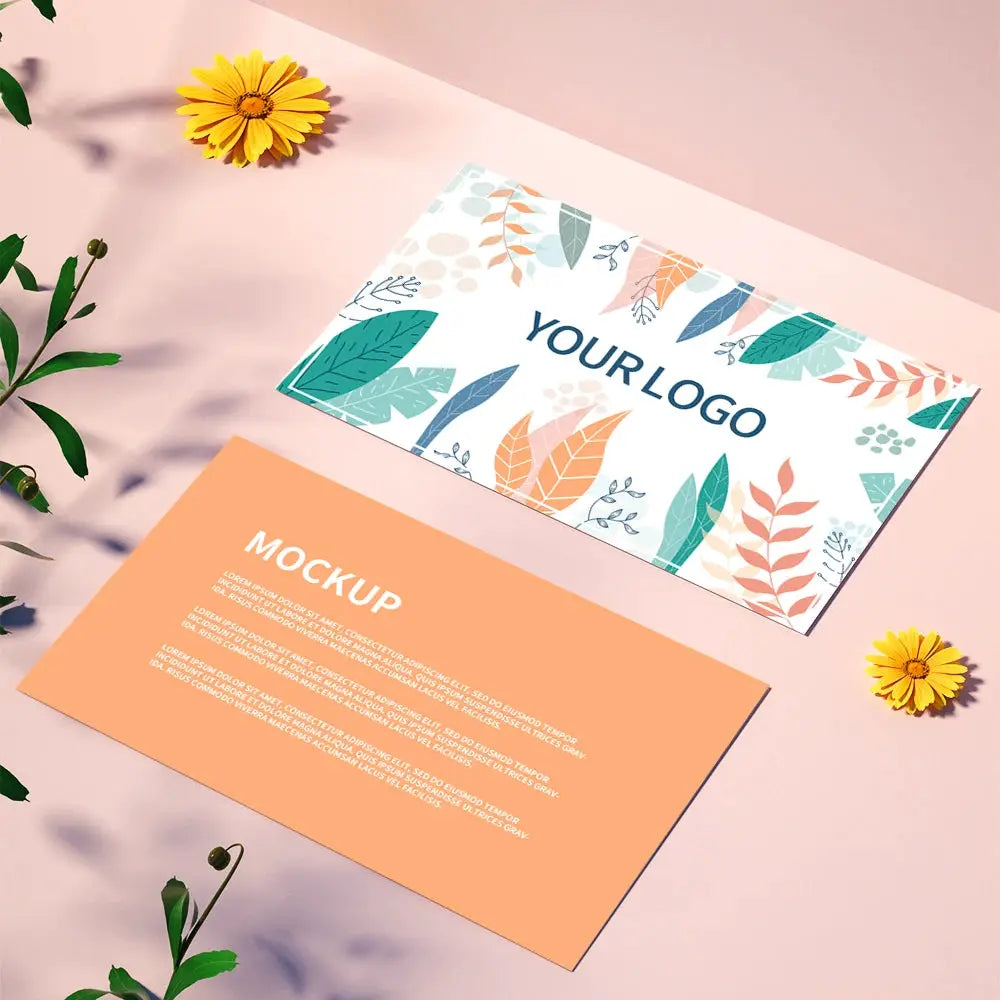 Thank you cards set with a white leaf-pattern card showing YOUR LOGO and a peach back mockup card (2 cards)