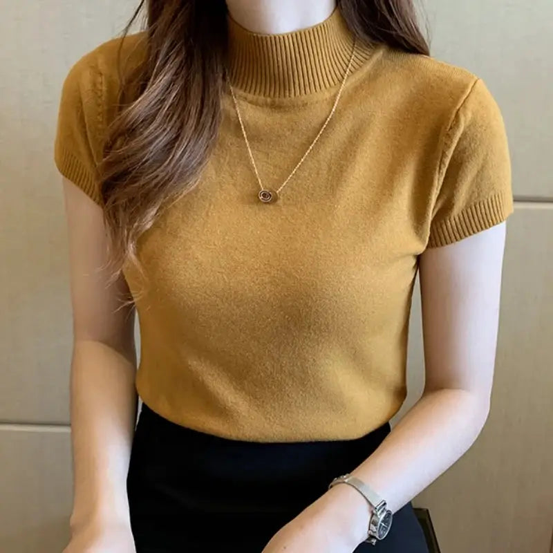 Korean Chic Half High Neck T Shirt Women Jumper Slim Fit Knit Top Spring Summer Solid Color