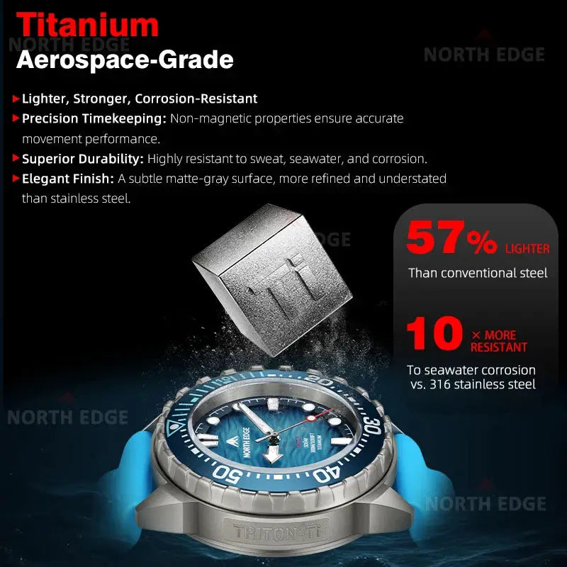 North Edge Triton-TI titanium diving watch with blue dial and 300m water resistance