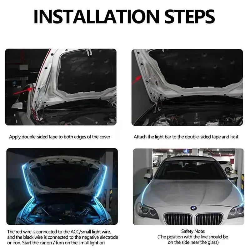 1pc Dynamic meteor LED car hood light strip, blue glow, universal fit