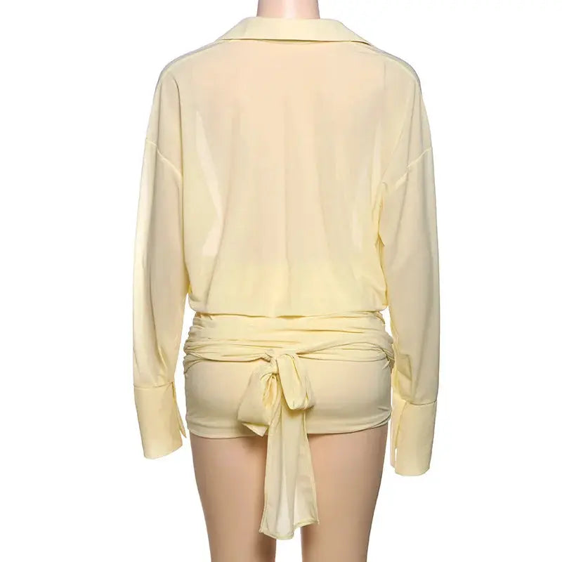 See Through Mini Dress With Flare Sleeves Ruched Bandage Club Party