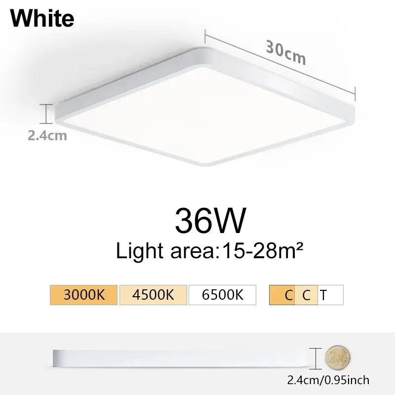 MARPOU square ultra-thin LED ceiling light, white finish, 30cm frame, 36W, 3000–6500K