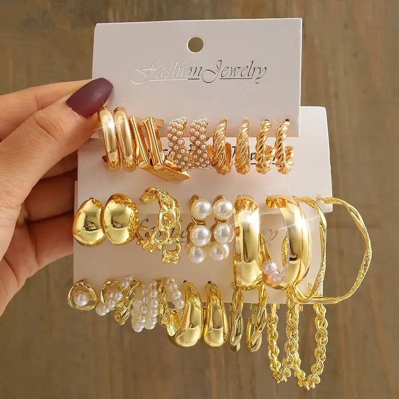 Gold Color Vintage Geometry Pearl Earrings Set Metal Twine Square and Round Dangle Earrings for Women Party Jewelry