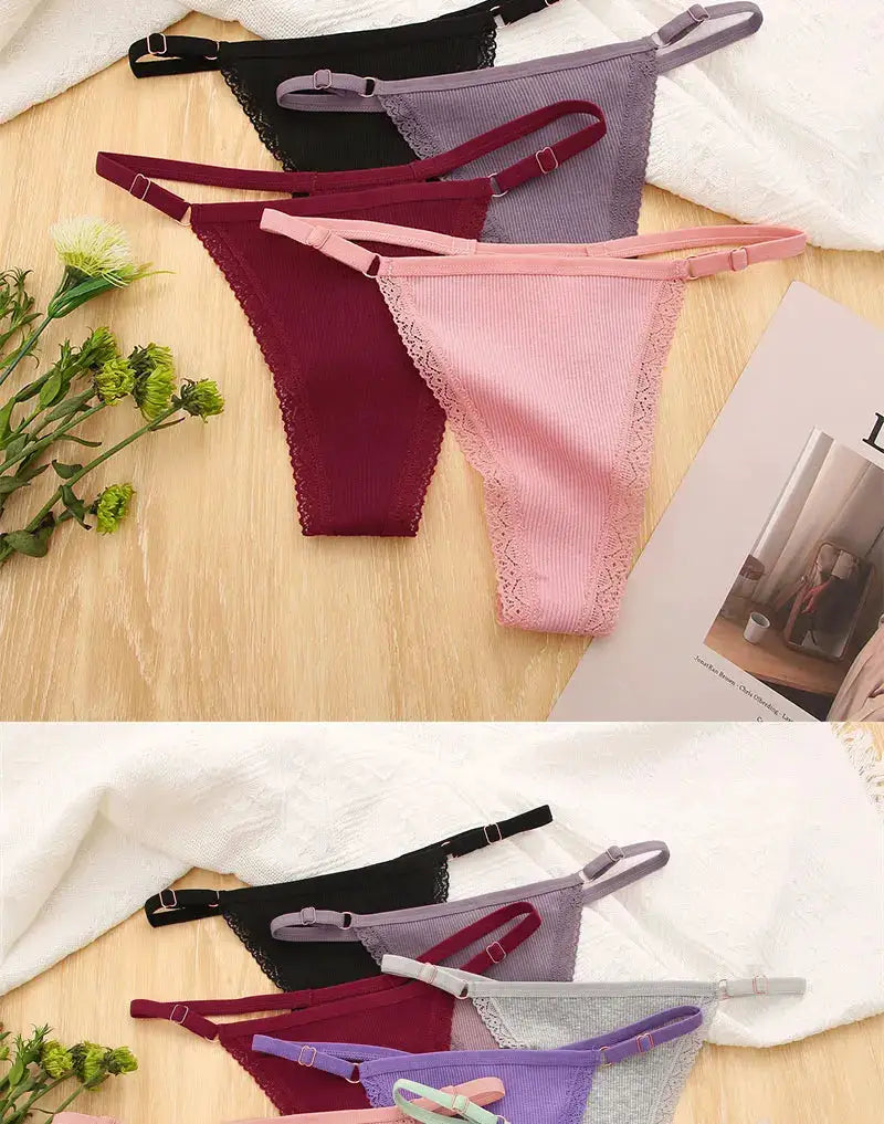 G-string panties, 5-piece cotton set in assorted colors with lace trim and adjustable waist, Simples Market
