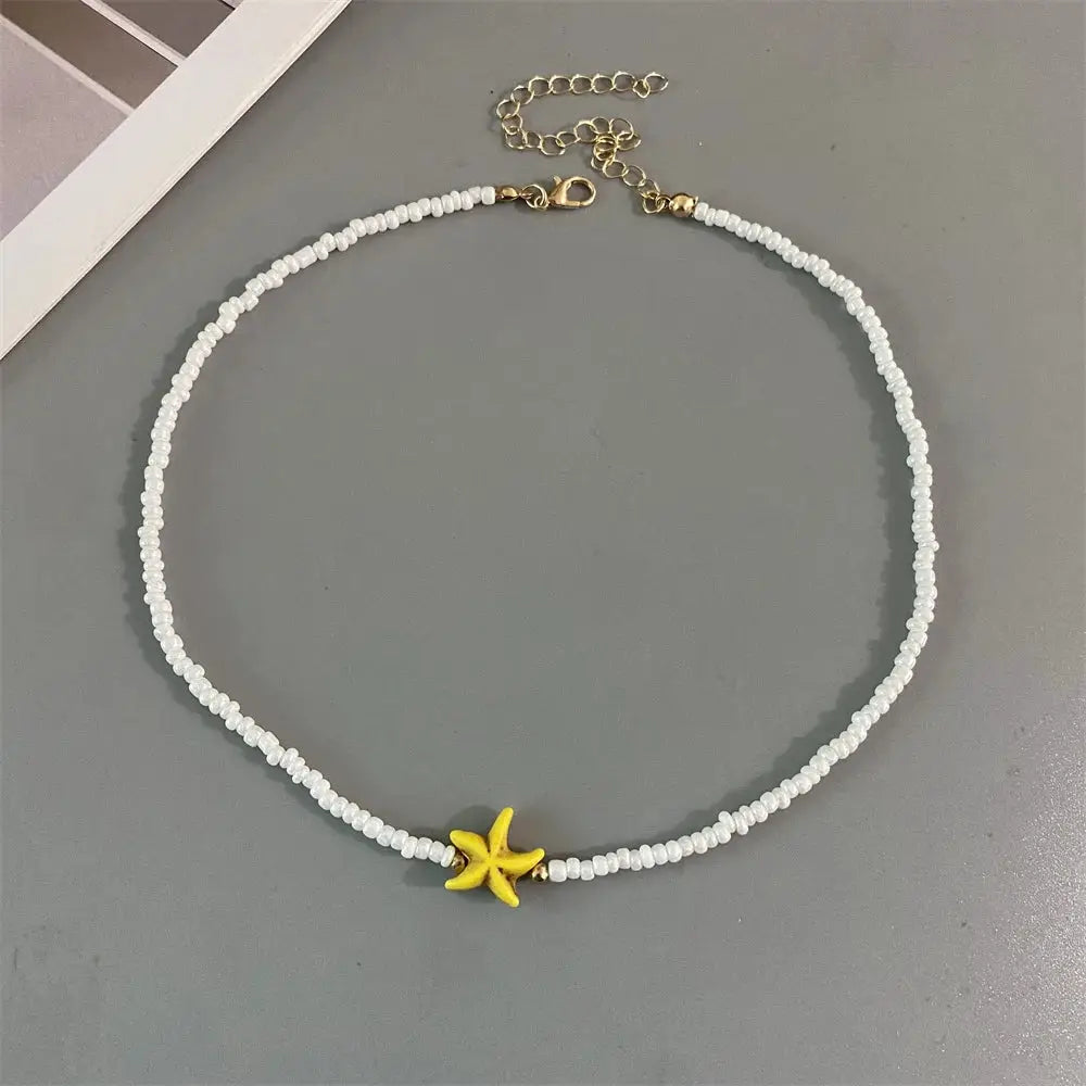 Shell Starfish Seed Beads Choker Necklace For Women Handmade Summer Vacation Gift White Jewelry