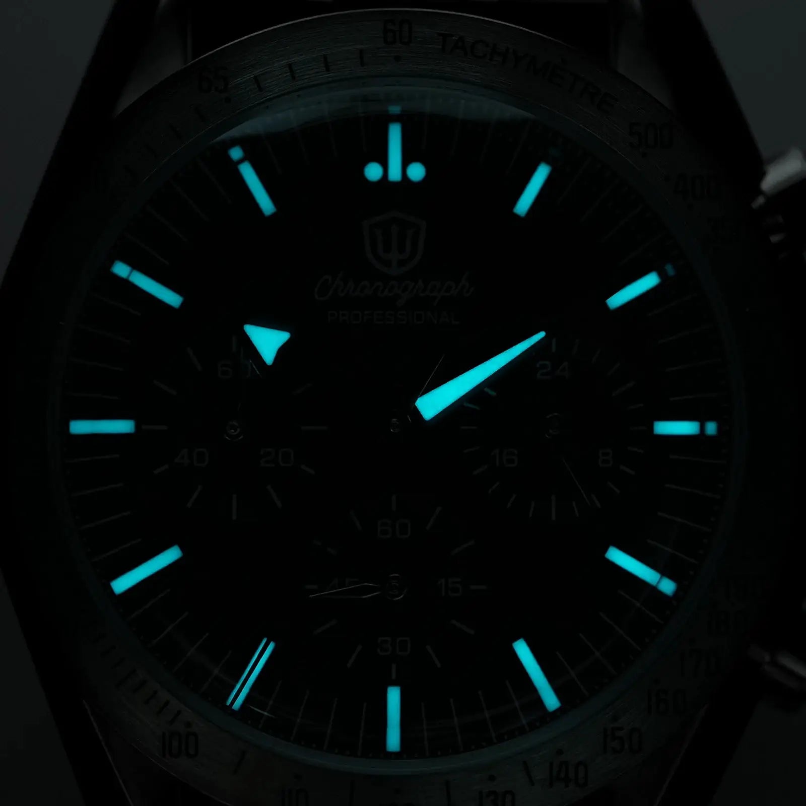 Watchdives WD1863 chronograph watch dial in darkness with blue luminous markers and hands, tachymeter bezel