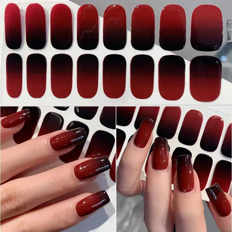 Press-on nail decals by Simples Market; 14/16-tip full-cover gradient red to burgundy-black, self-adhesive