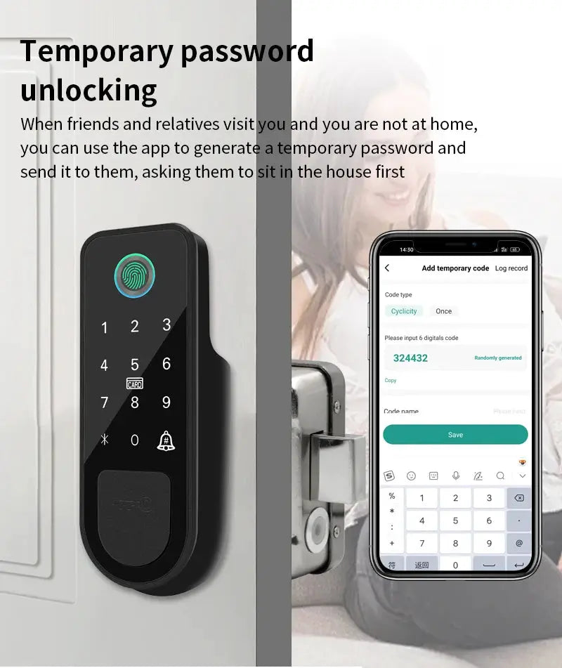 Smart door lock by Simples Market with touchscreen keypad and fingerprint sensor; Bluetooth app control