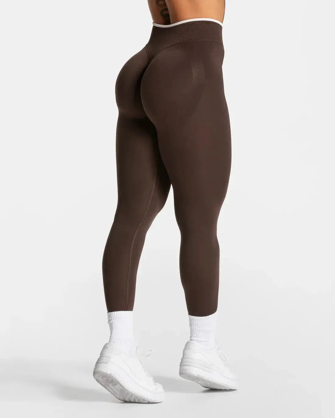 Simples Market women's seamless knitted yoga leggings, high-waist, brown with white edge