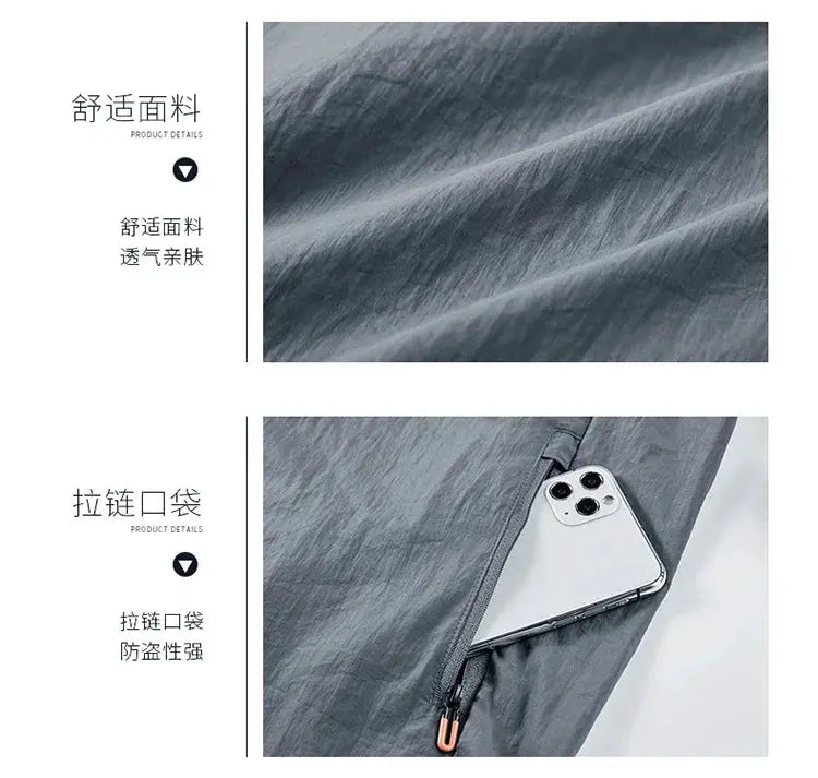 2025 Men's Summer Sun Protection Jacket by Simples Market in gray ice-silk fabric with zip pocket for phone