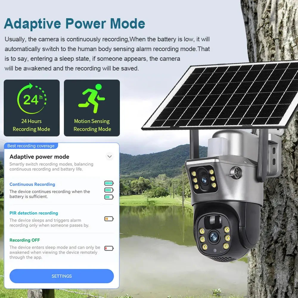 Outdoor solar camera with dual lenses and solar panel, 4G/WiFi, night vision