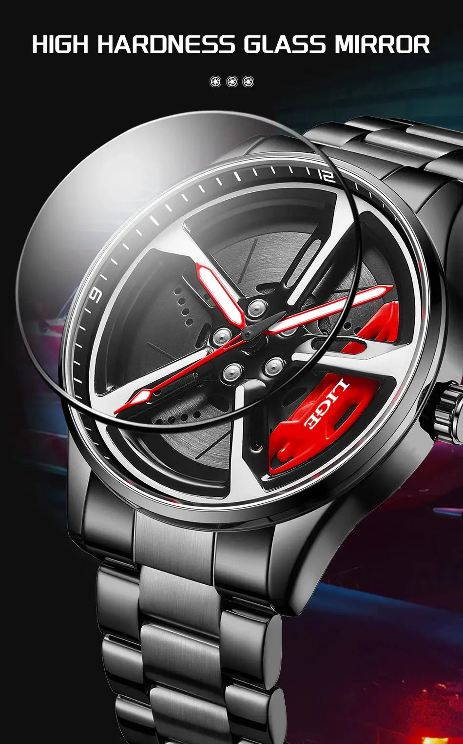 LIGE sport wristwatch with car-wheel rim dial, red accents and stainless steel bracelet