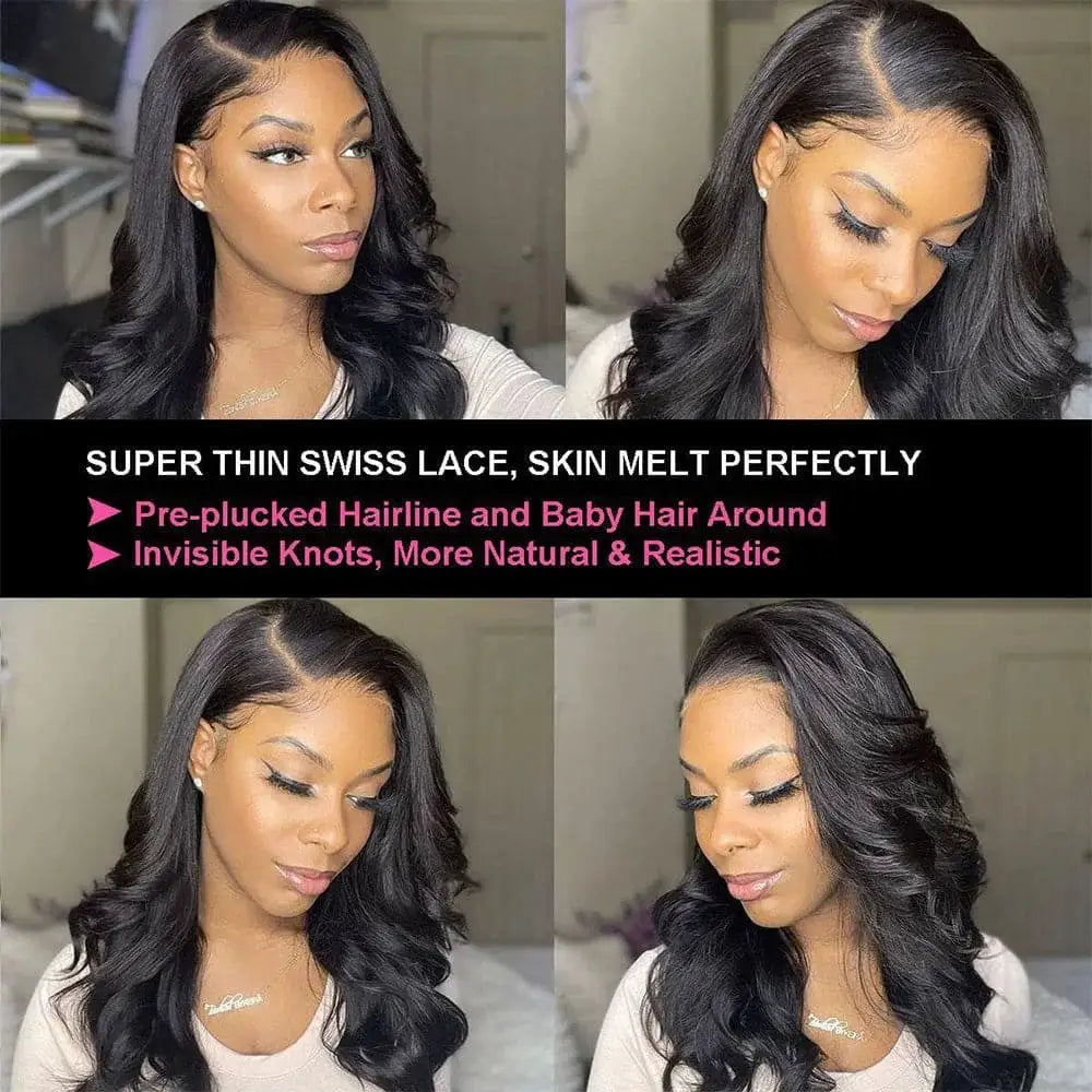 Body Wave Human Hair Wig Natural Black Remy Brazilian 13x4 HD Transparent Lace Front Pre Plucked Hairline Frontal Wig