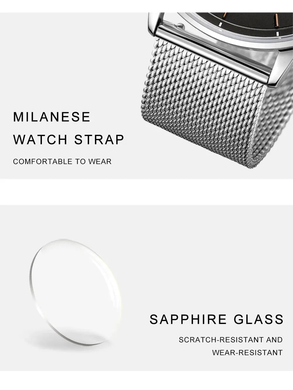 CADISEN Swiss Quartz Watch with Milanese mesh stainless steel strap and sapphire glass