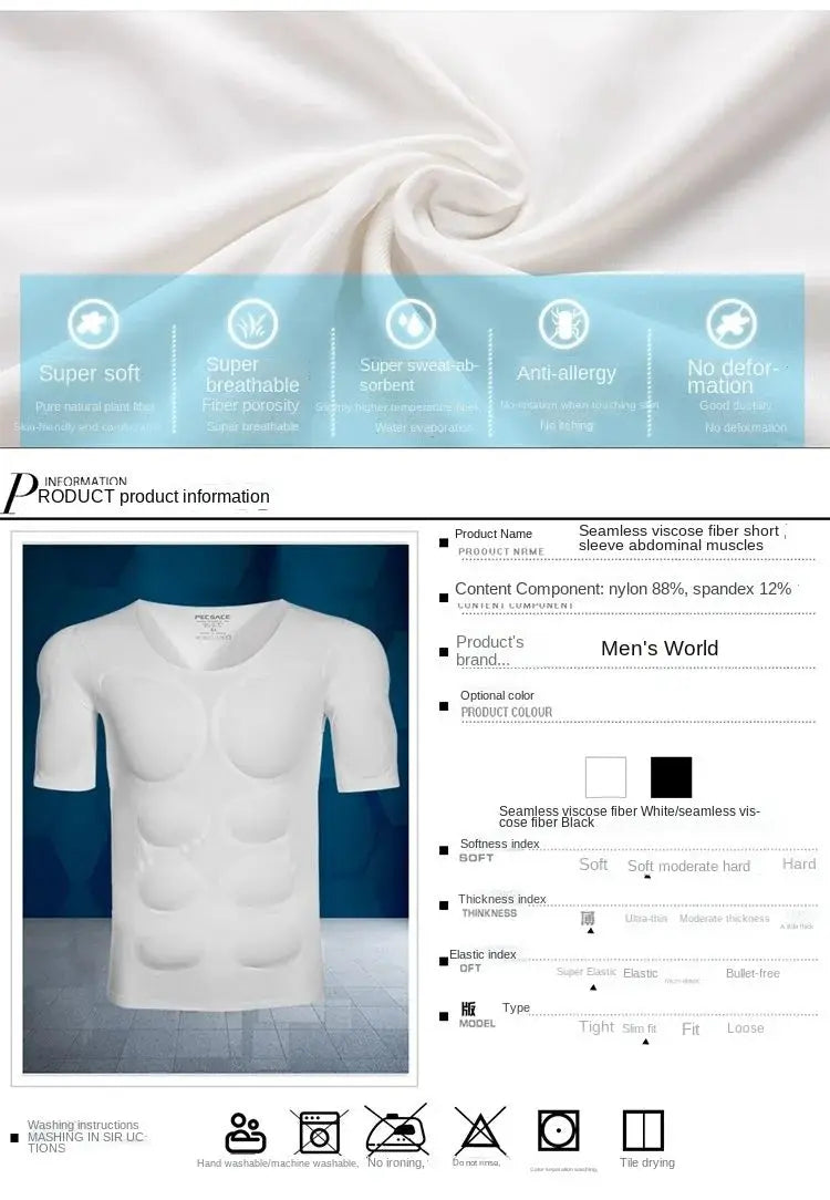 Men's body shaper undershirt with built-in ABS muscles, white seamless fabric for cosplay and fitness