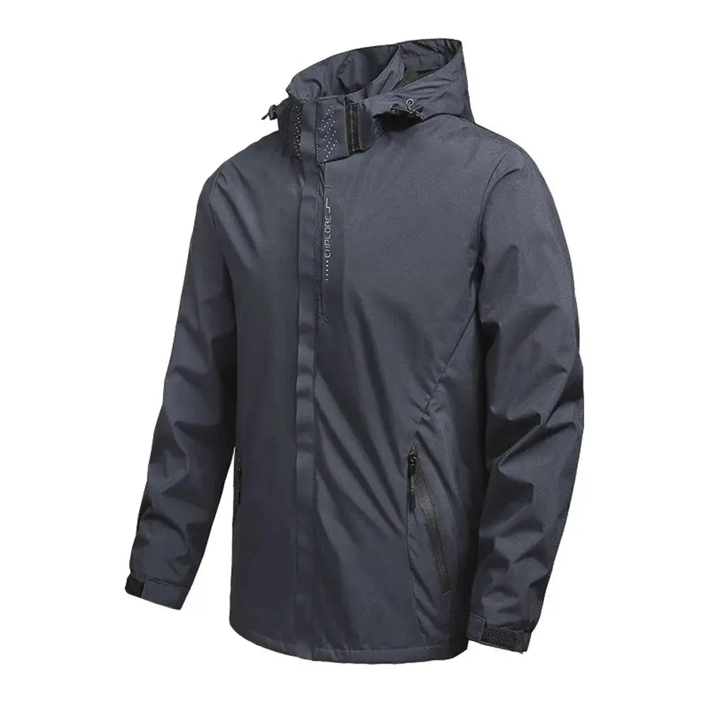 Men's waterproof hooded rain jacket, charcoal gray, lightweight outdoor windproof jacket with zip pockets.