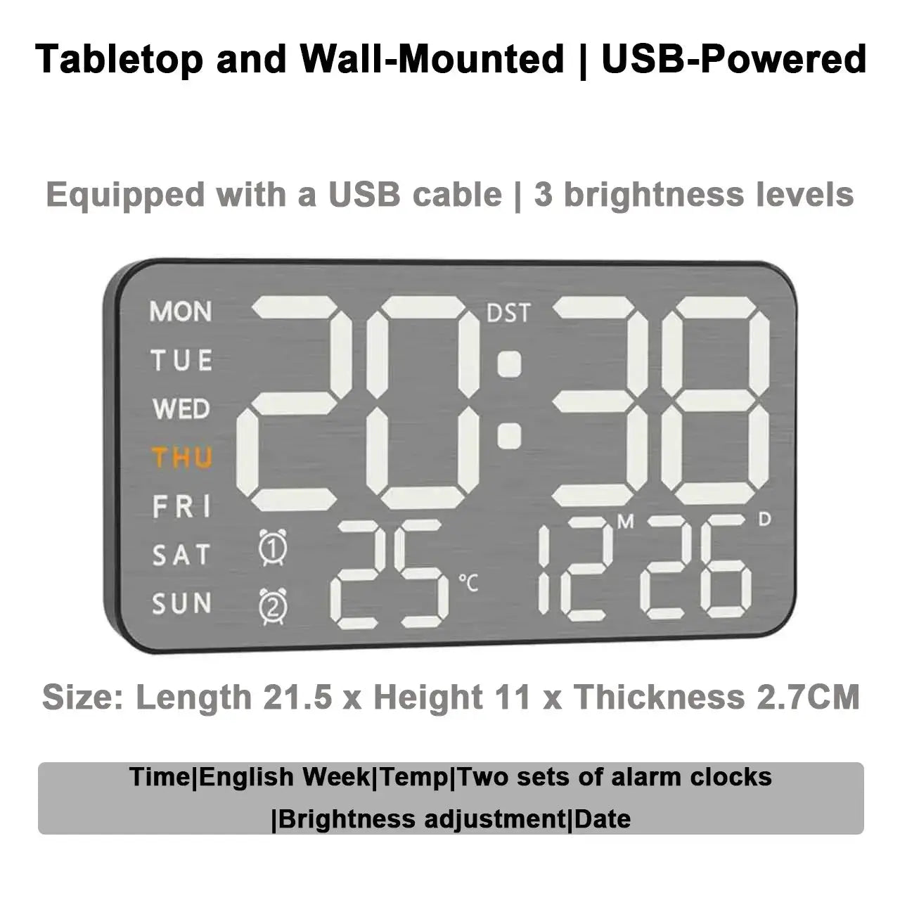 Digital wall clock by Simples Market with mirror-brushed finish; USB-powered, large time display, day/date and temp