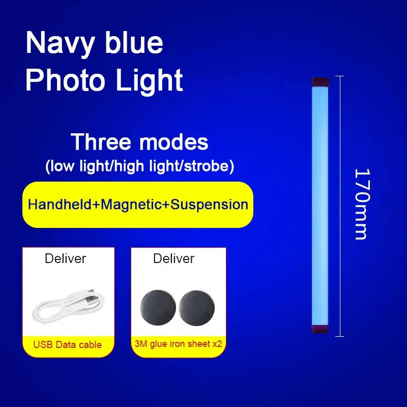 Simples Market navy blue LED video light wand with handheld, magnetic and suspension modes, 170mm tall, USB data cable