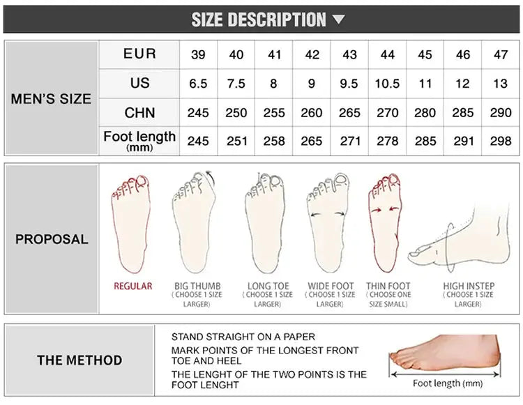 Rax men's waterproof hiking shoes size chart showing EU/US/CHN sizes, foot length in mm, and foot-shape options.