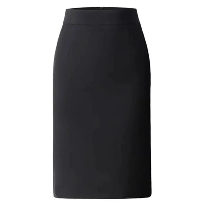 Black high-waisted office pencil skirt, slim fit midi length.