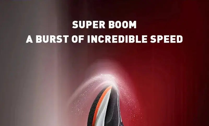 Running shoe with orange and white accents on a black upper, set against a red gradient with SUPER BOOM text