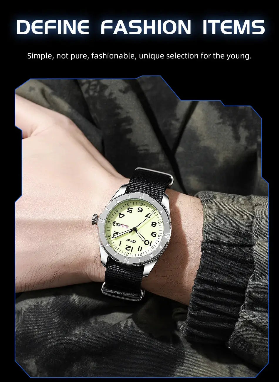 Simples Market 40mm field watch with black fabric strap, silver case, beige dial, luminous rotating bezel