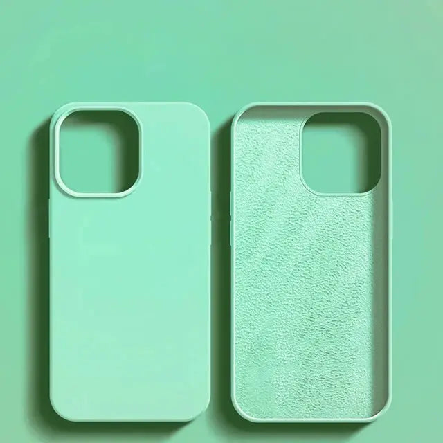 Liquid silicone shockproof iPhone cases in mint green, 2 shown with exterior and interior views