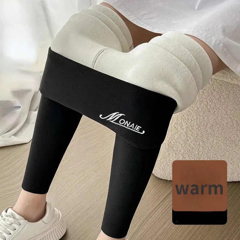 Winter cashmere leggings, black fleece-lined high-waist with MONAIE logo