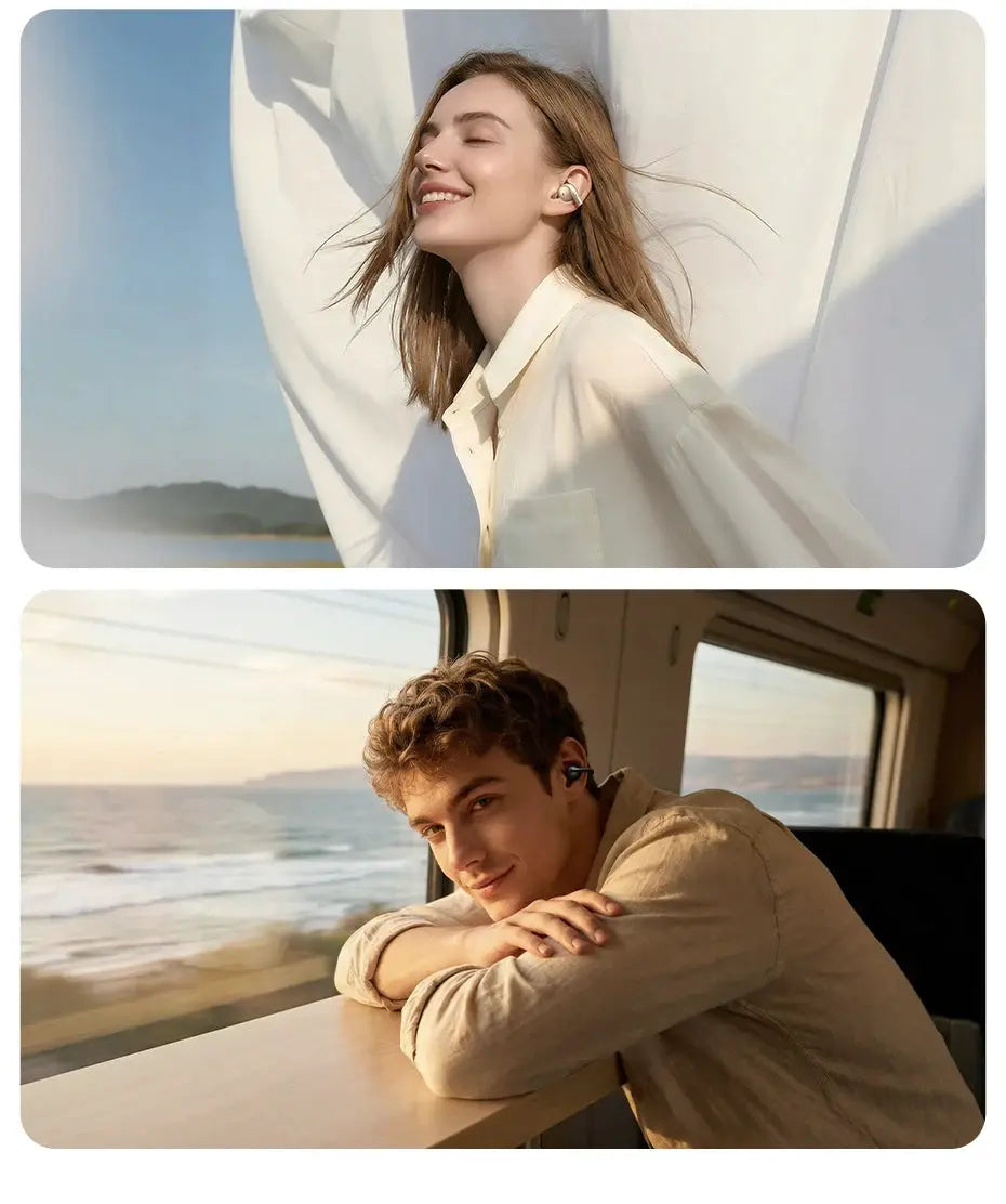 Baseus Bowie MC2 AIR clip-on TWS wireless earbuds, white, worn by a woman and a man in two lifestyle shots