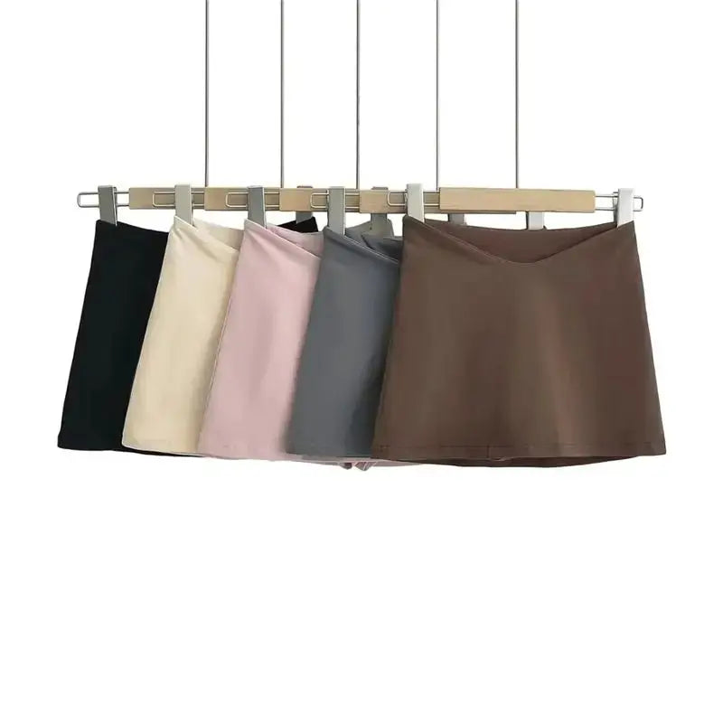 Simples Market women's A-line mini skirts, five colors shown: black, ivory, pink, gray, brown