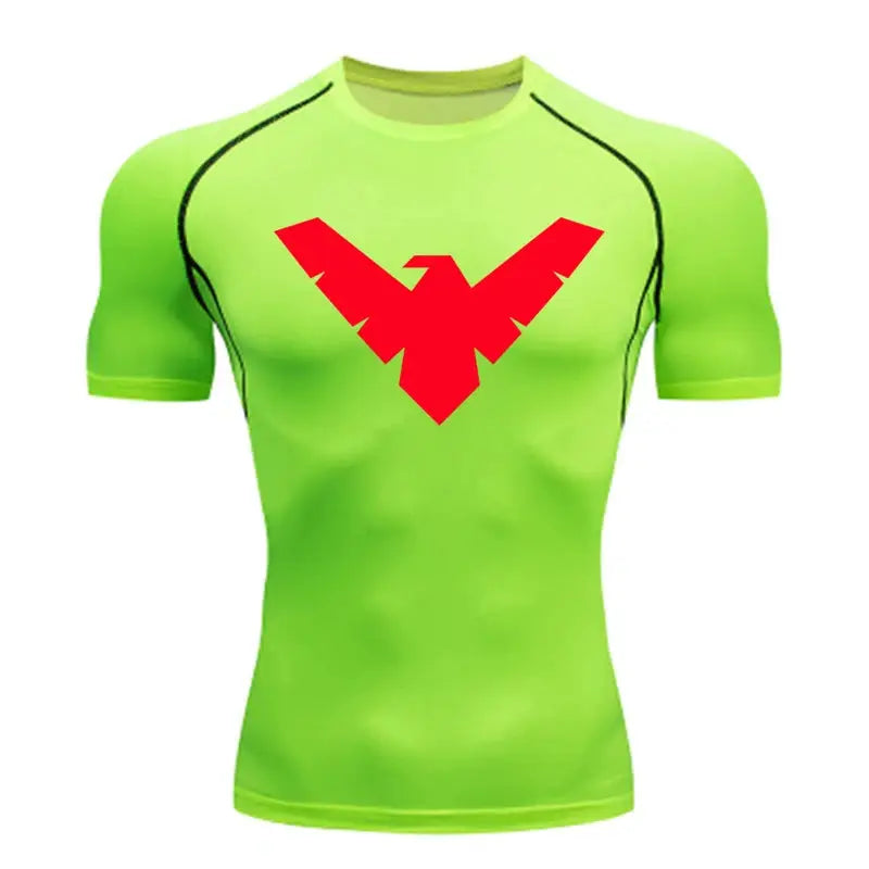 Summer short-sleeve compression shirt for men, neon green quick-dry sports top with red chest logo