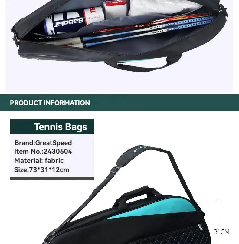 GreatSpeed tennis bag, black with teal panel, adjustable strap, size 73x31x12 cm.