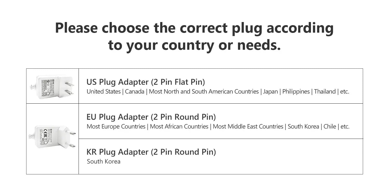 Three white plug adapters for US, EU and KR; US flat pins, EU and KR round pins