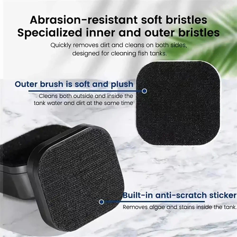 Magnetic fish tank cleaning brush with black carbon-fiber bristles for removing algae and moss.