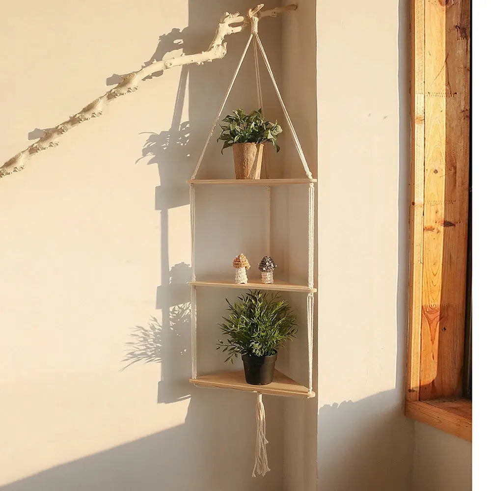 Simples Market 3-tier wooden triangle floating wall shelf with rope hanger for boho home decor
