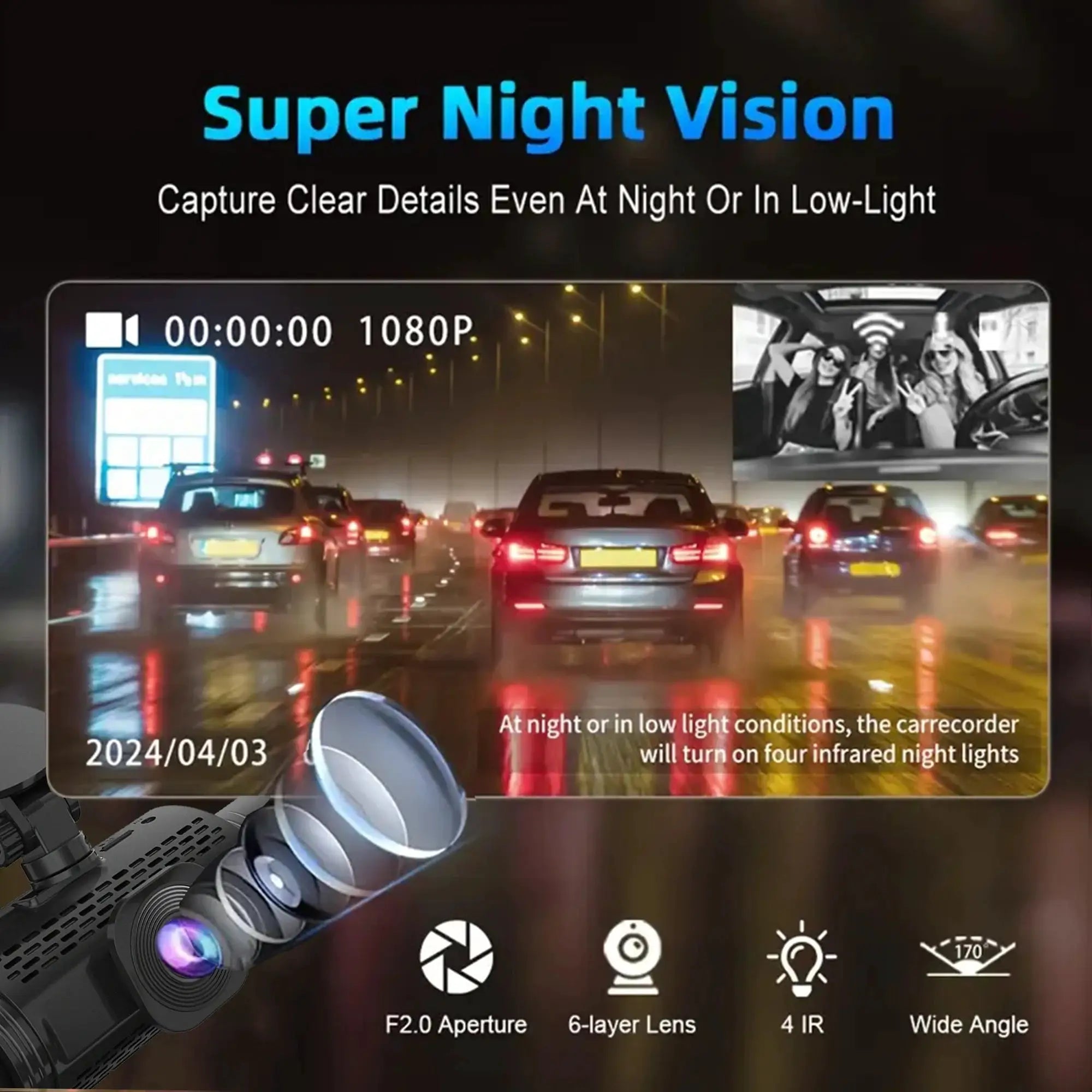 Car dash cam by Simples Market, black, 4‑channel FHD 1080P night vision with front/left/right/rear cameras and hardwire kit
