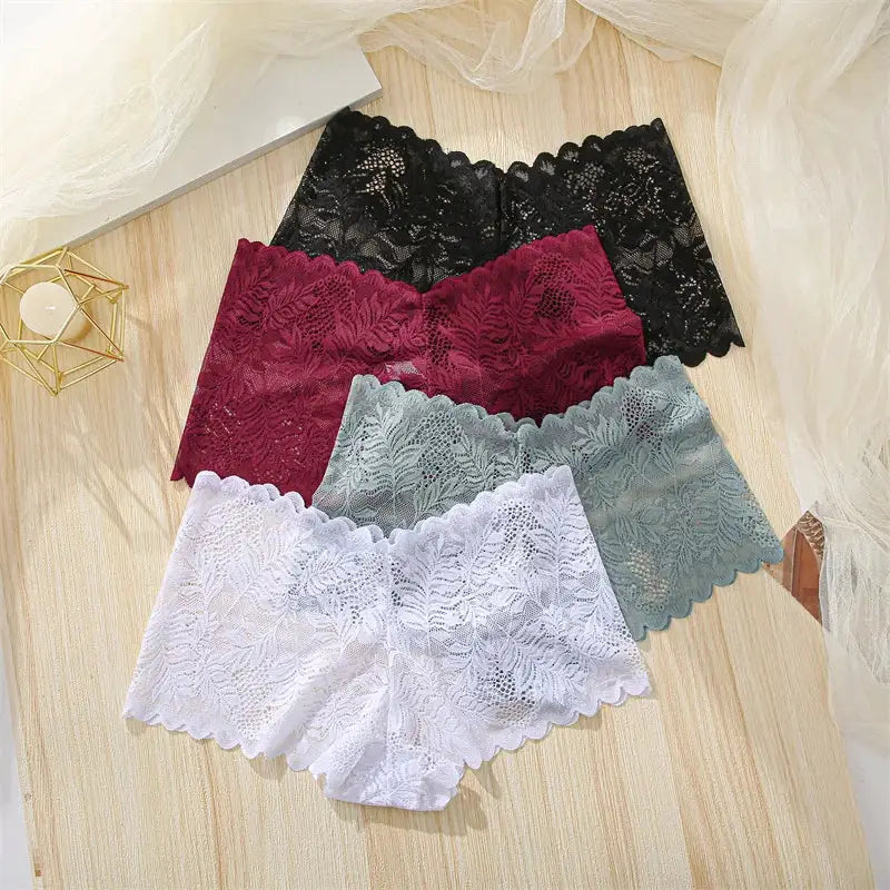 4-pack women's lace floral boyshorts underwear in black, burgundy, gray-blue, and white with scalloped edges