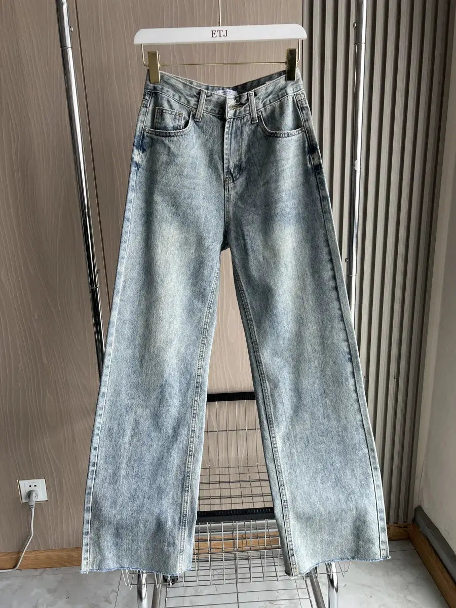 ETJ Wide Leg High Waist Jeans Women Five Pocket Washed And Comfortable