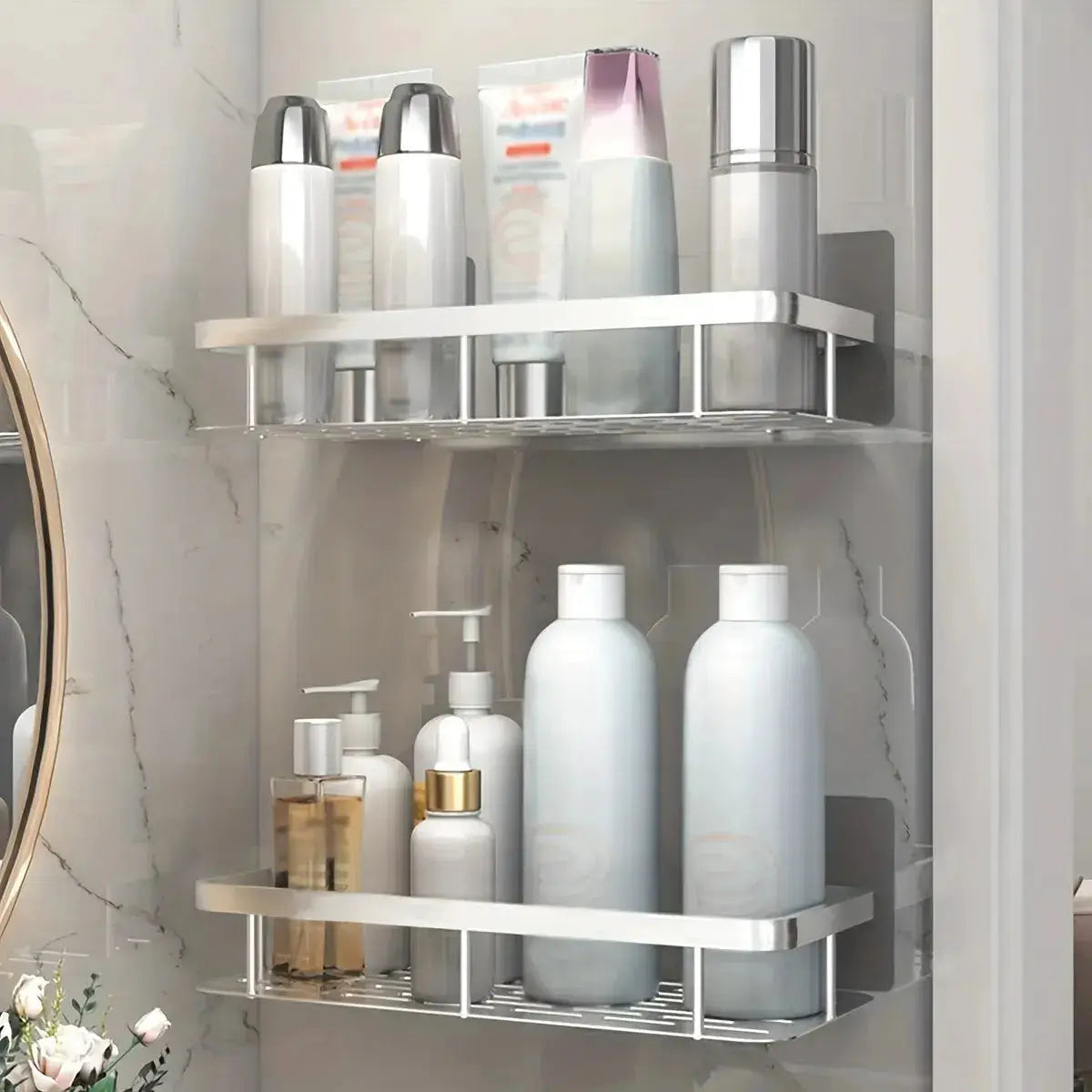 Bathroom storage rack by Simples Market; chrome wall-mounted corner shelf, no-drill shower organizer.