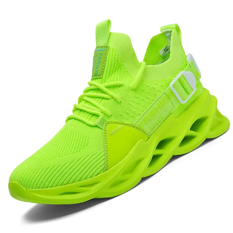 Sneakers lime-green mesh upper, breathable casual athletic shoes with thick sculpted sole