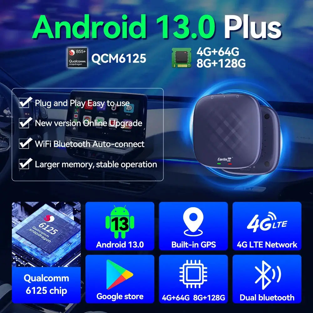 Carlinkit Android 13 wireless Android Auto/CarPlay TV box, QCM6125, 8-core, 64G/128G for Netflix and YouTube