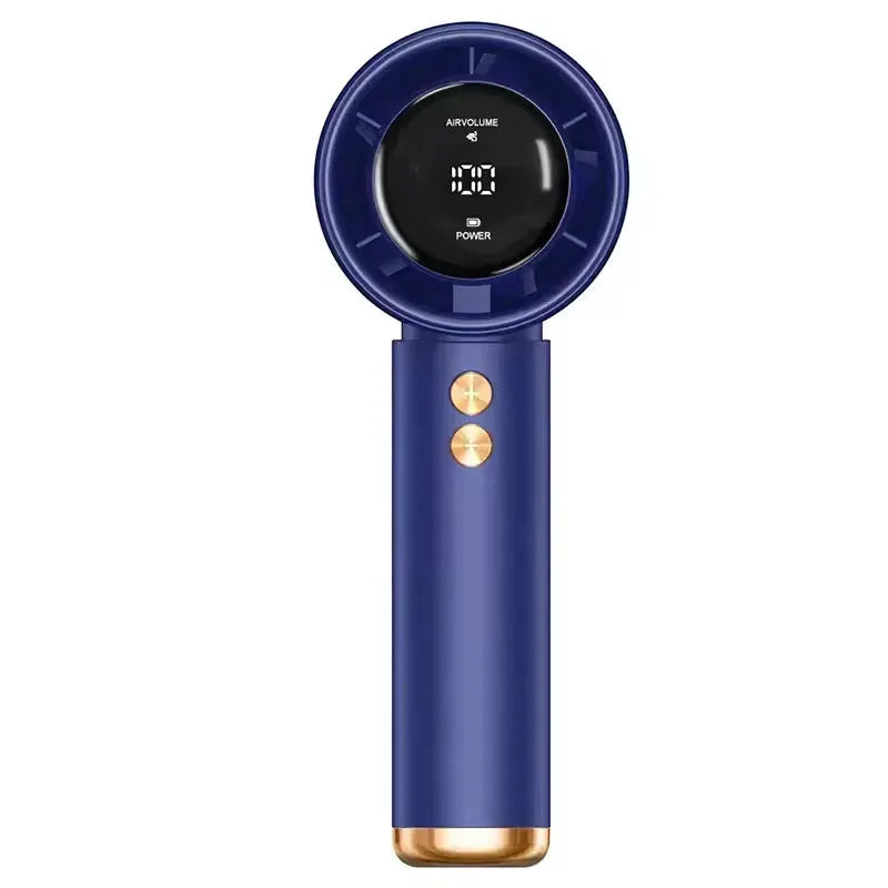Mini handheld USB fan by Simples Market, blue with digital display and gold buttons, portable travel fan
